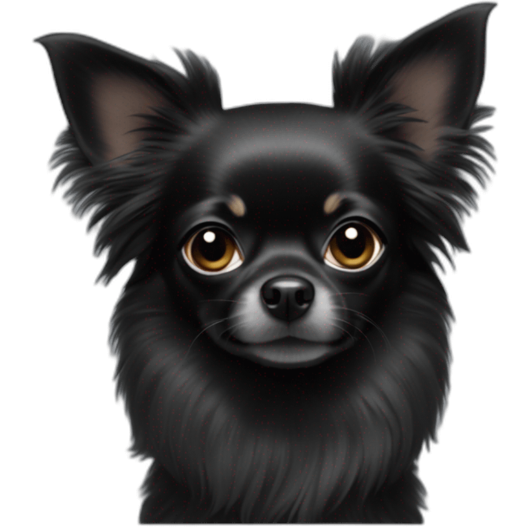 A only black Chihuahua with long earhairs an a fluffy tail and a white chest  emoji