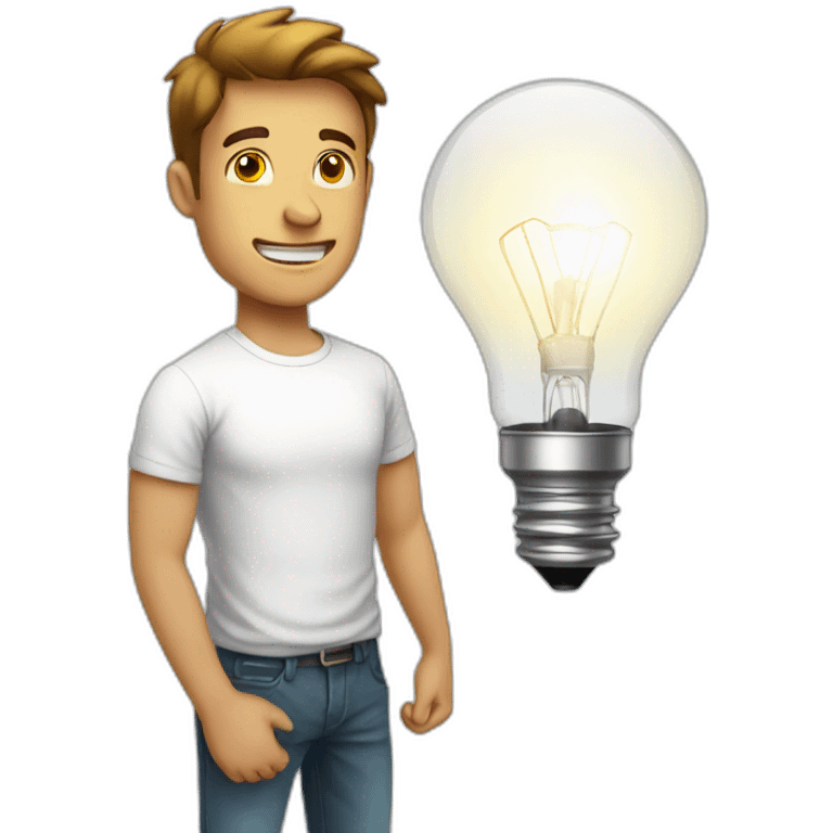 man with white tshirt thinking light bulb emoji