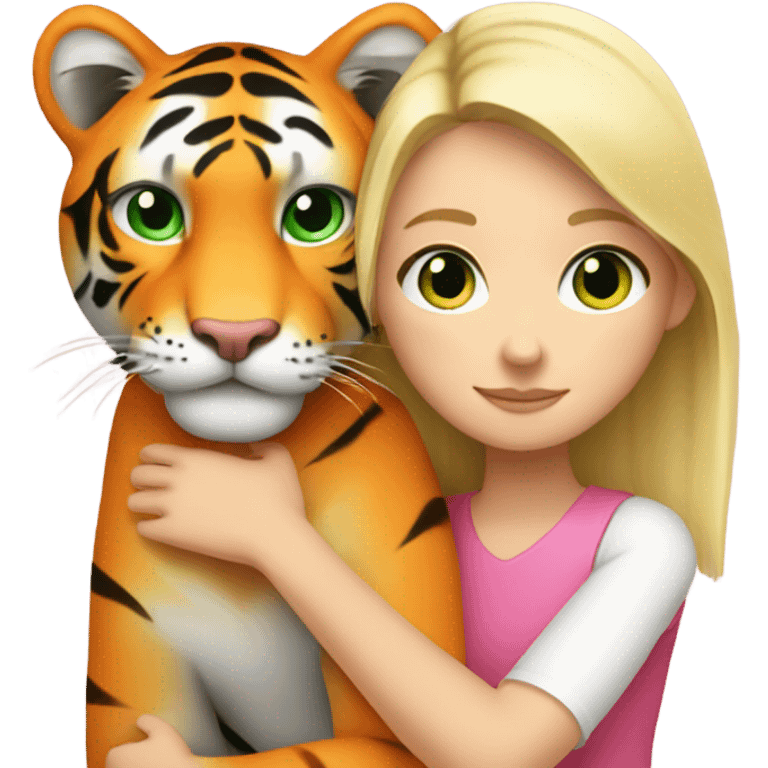 A blonde white girl with green eyes in pink hugs an orange tiger emoji