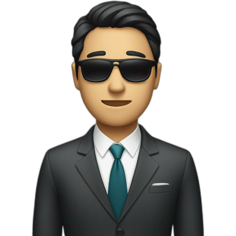 A person wearing a mask, sunglasses, and a suit with straight eyebrows emoji