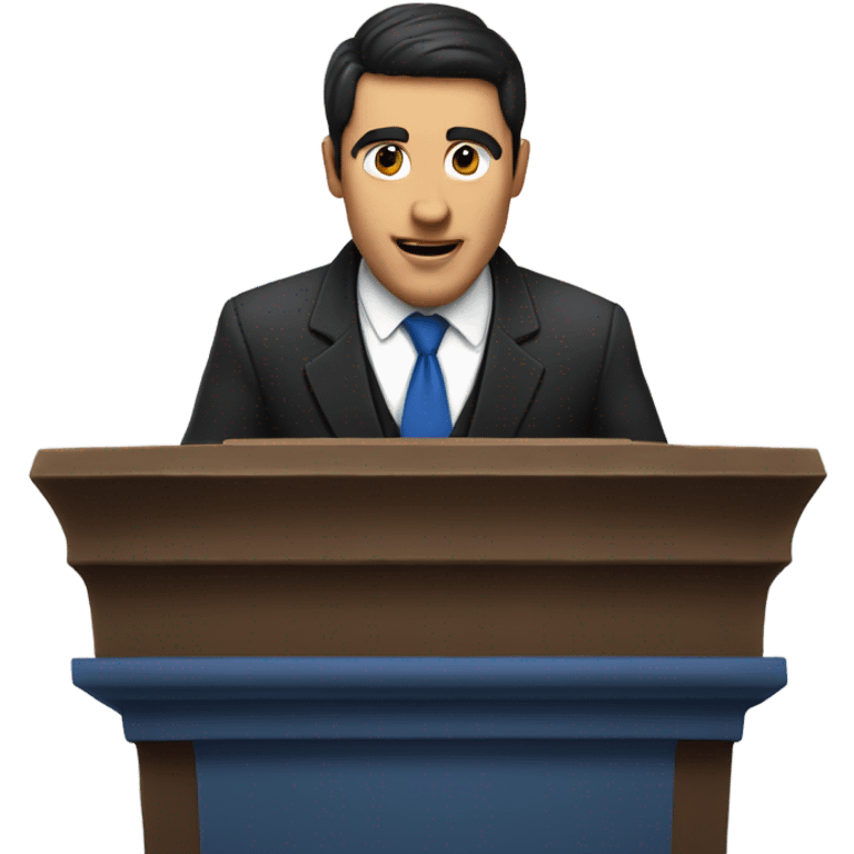 A man with dark hair and blue suit with black tie preaching behind pulpit emoji