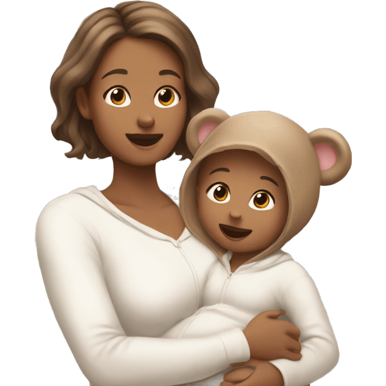 White skinned mum and baby girl, both with light brown hair, and both wearing matching bear onesies emoji