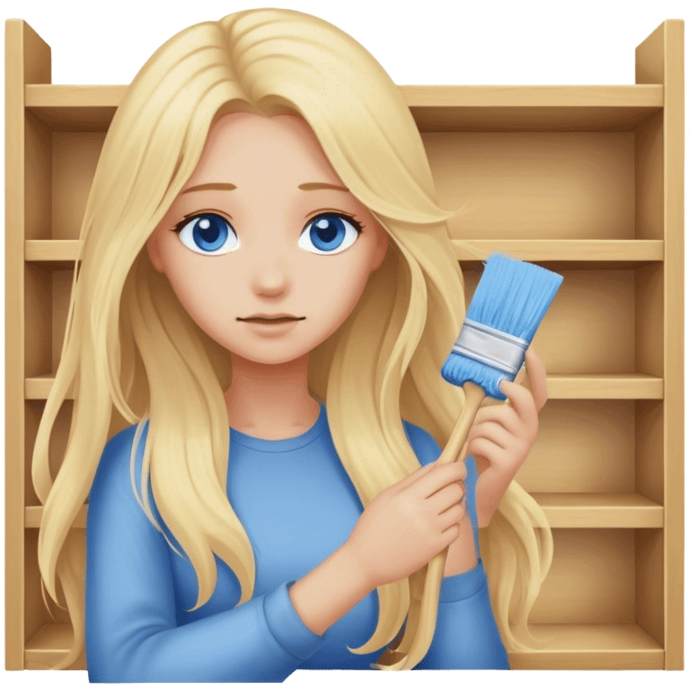 Cinematic realistic blonde with long hair, blue eyes wipes dust from a shelf emoji