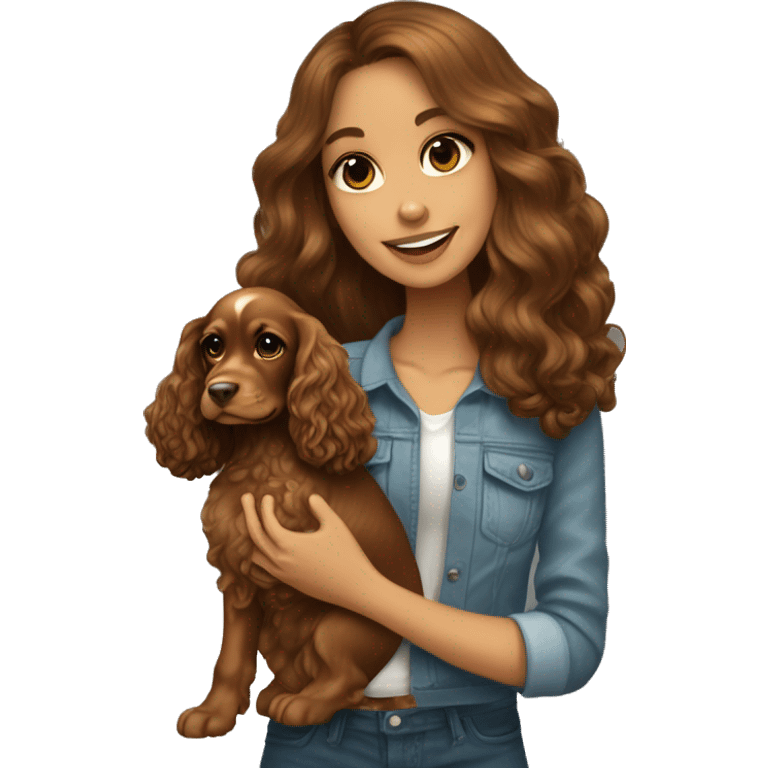 Beautiful stylish girl with brown long hair holding in her arms gold puppy English Cocker Spaniel emoji