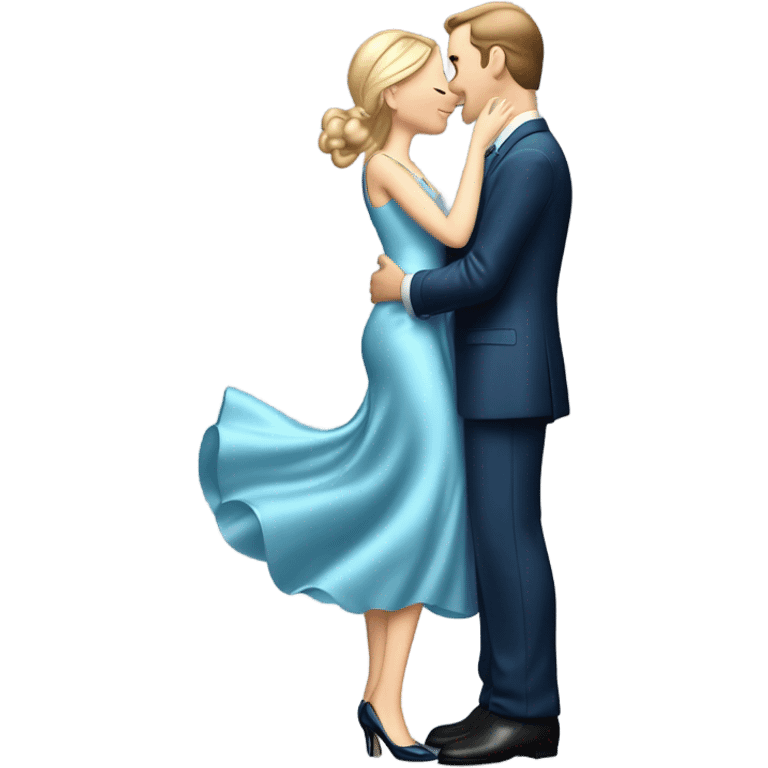 caucasian woman, in long slim pastel blue formal party satin dress with gradient shiny sparkling navy blue diamonds embroidered, full body full figure , and caucasian man in black dres on his knees asks her to marry her emoji