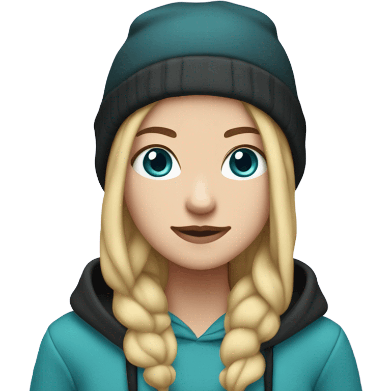 White girl, blue eyes, long teal hair, purple beanie hat, black hoodie, blue jeans, black shoes emoji