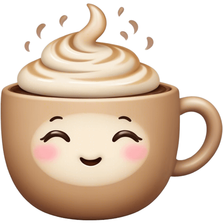 Cute Kawaii Coffee Cup, cozy and warm, a tiny swirl of steam shaped like a heart, round chubby face with a sleepy but content expression, soft pastel brown and cream colors, perfect morning vibes! emoji