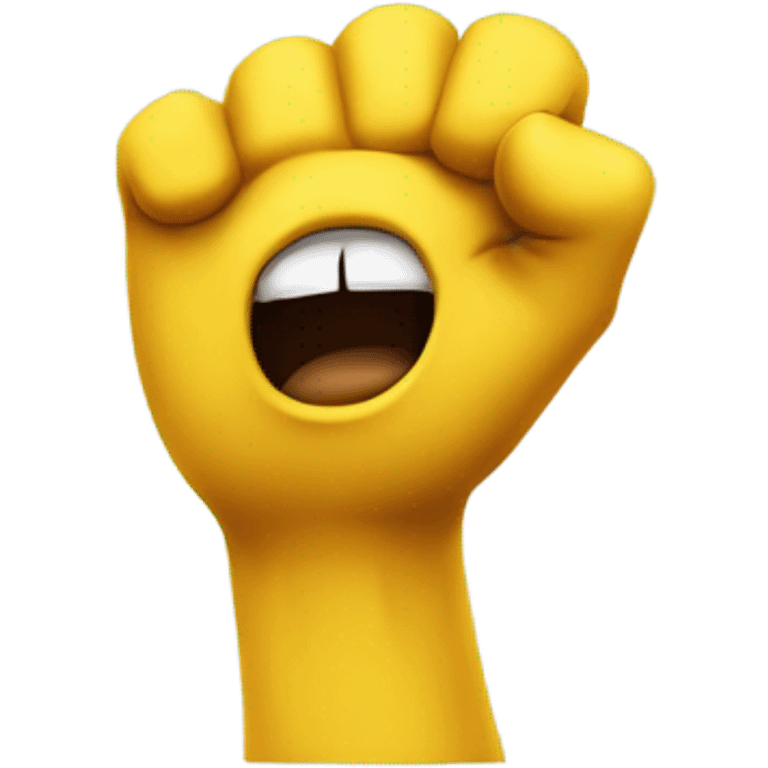 A generic, yellow face emoji shouting and looking up in the sky. His hands are floating off of his body in a fist shape. emoji