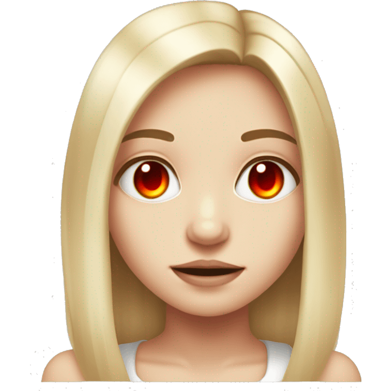 cute girl with red demonic satanic glowing eyes and middle length straight blond hair. white skin and a cute style.  emoji