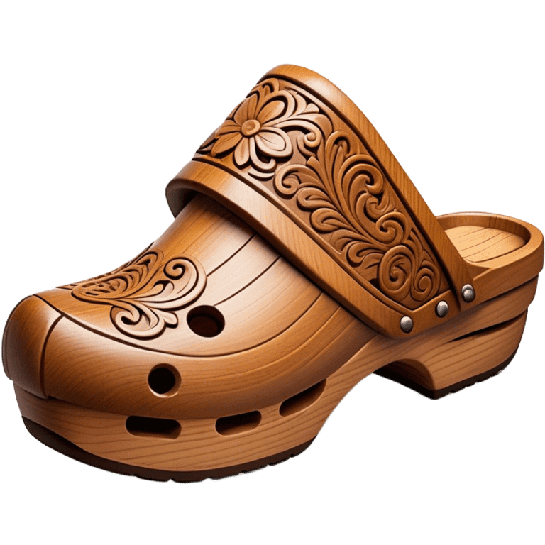 Cinematic Realistic Wooden Clogs Emoji, depicted as a pair of traditionally carved wooden clogs with intricate details and rustic charm. emoji