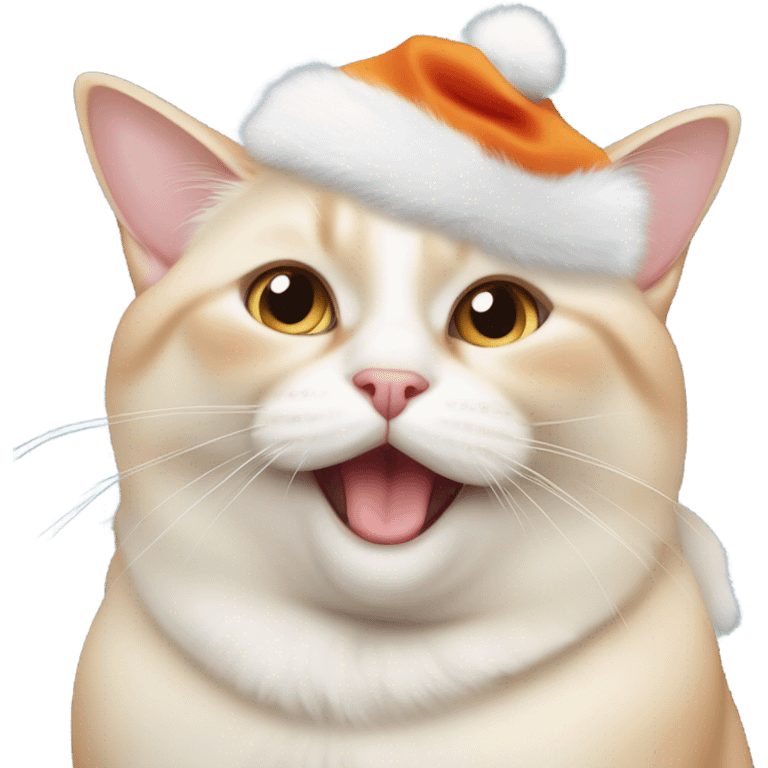 chubby fat, flame point Siamese, with white fur with orange accents and blue eyes, smiling, wearing a red christmas hat  emoji