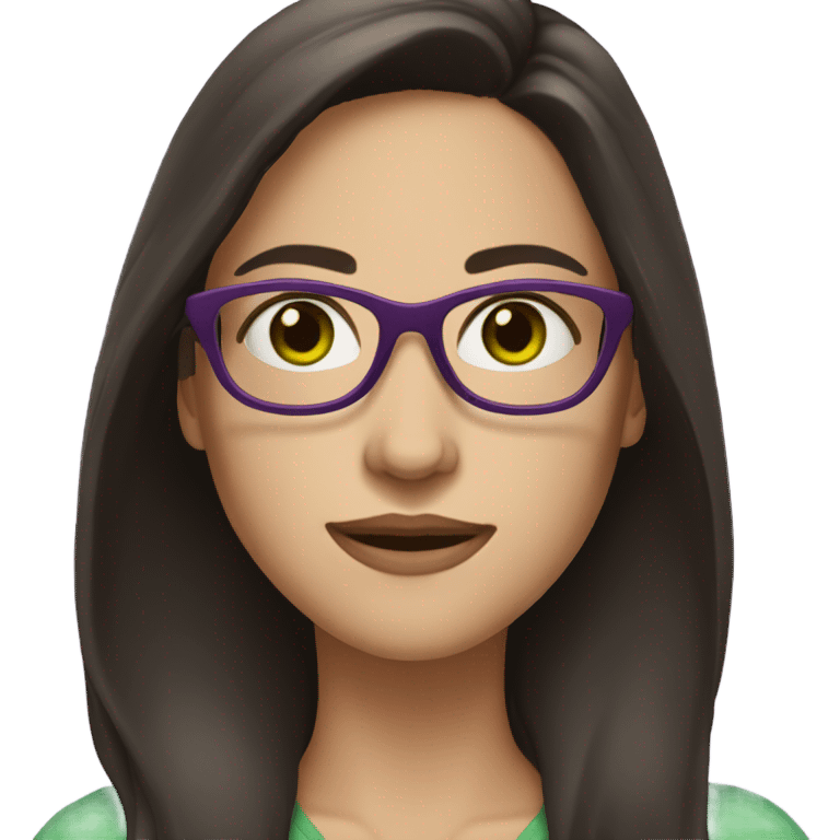 Woman with long dark brown hair and green eyes and fair skin and pruple glasses emoji