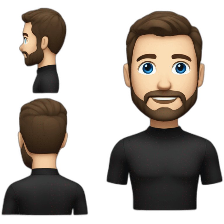 White man with a slight sun kissed tan, blue eyes and dark brown hair. He has a beard and mustache trimmed. Wears black clothing and wears his hair styled sideways backwards. emoji