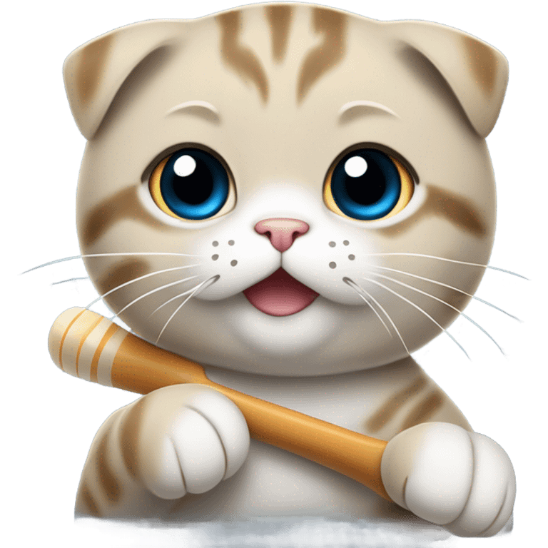 Happy Scottish fold girl cat playing hockey  emoji