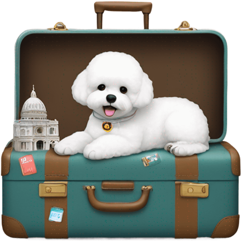 A world traveler, Bichon Frise, with a suitcase filled with iconic places stickers on the suitcase  emoji