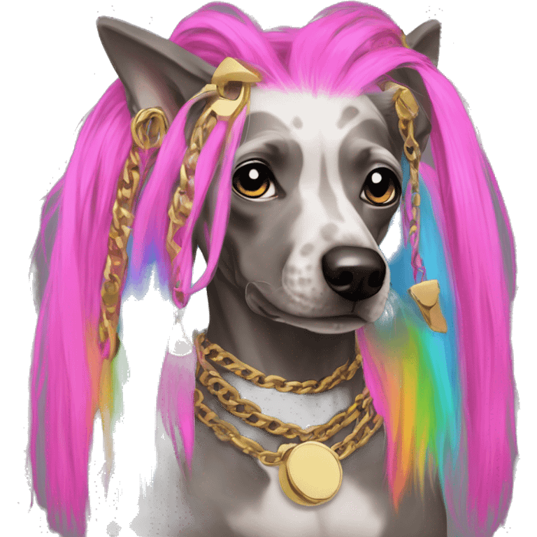 Punk Chinese crested dog neon rainbow hair gold chain punk piercings tattoos punk ear piercings emoji