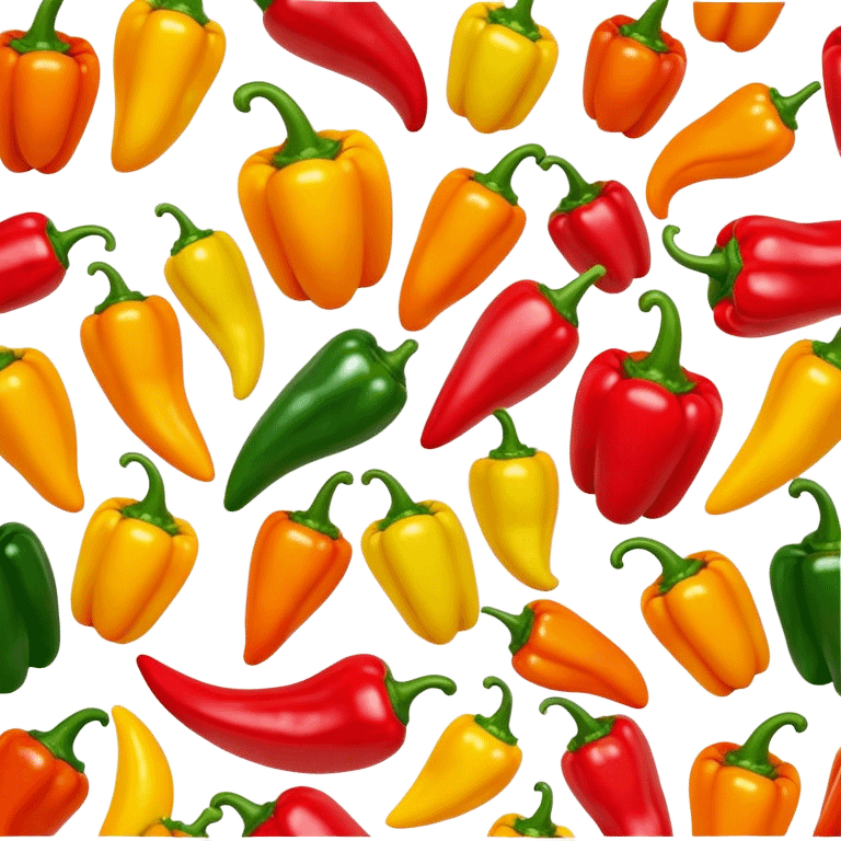 Cinematic bright colorful peppers, glossy and fresh, arranged in a vibrant mix of red, yellow, and green, warm glowing background, fresh and lively. emoji