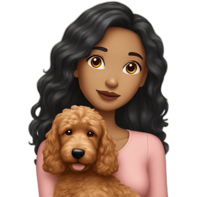 Girl with long black hair and light skin holding red goldendoodle emoji