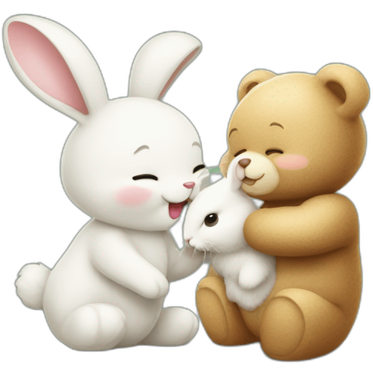 Friendly funny teddy bear kissing a white rabbit bunny emoji