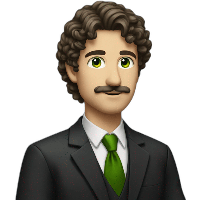 man-young-long-curly-hair-italian-green-eyes-mustache-dark-suit-standing emoji