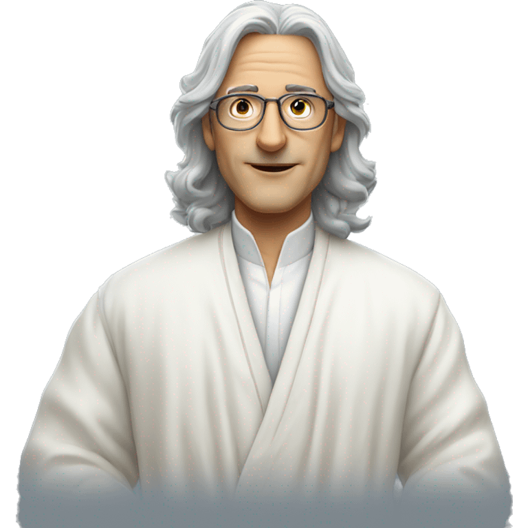 man with long grey hair and aviator glasses in long white robe giving peac emoji