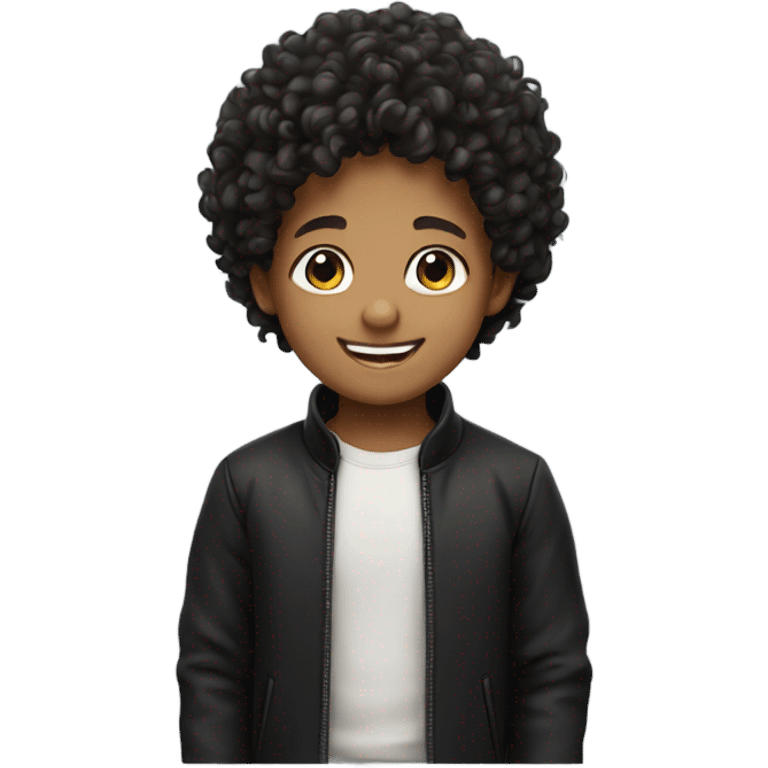 smiling boy in black jacket curly hair  emoji