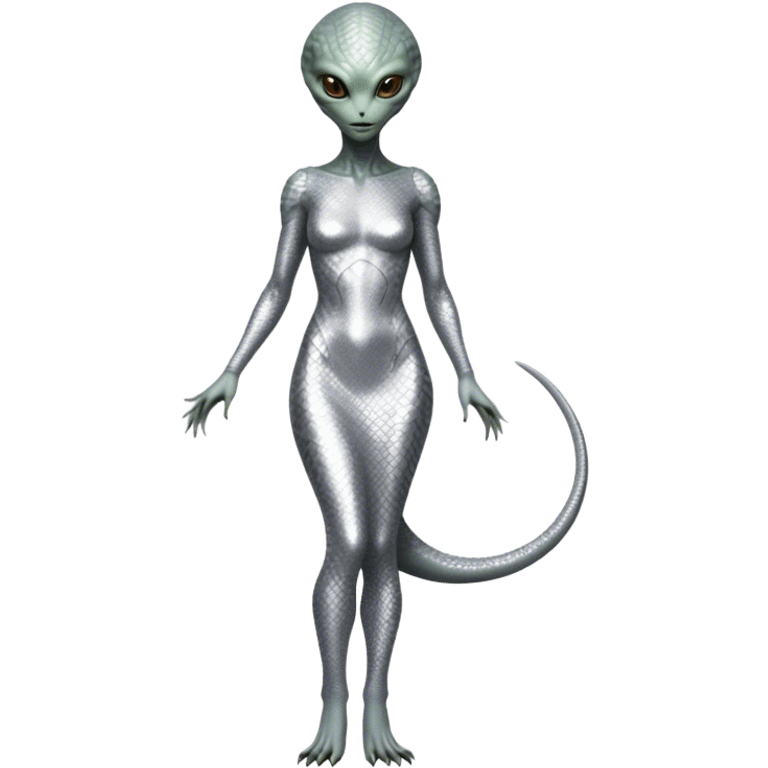 alien reptilian woman in silver dress, full body brown eyes emoji