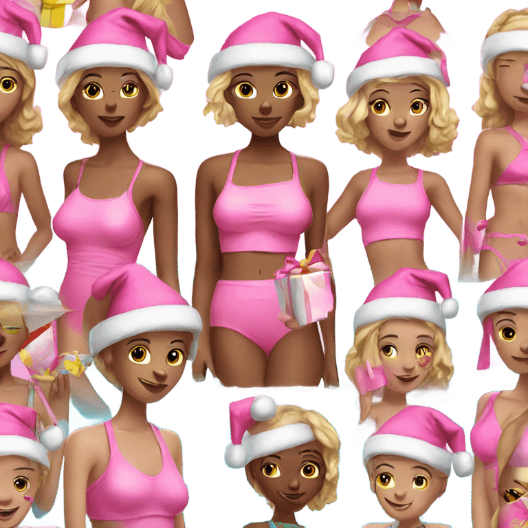 Santa wearing a bathing suit with pink bikinis and pink gifts emoji