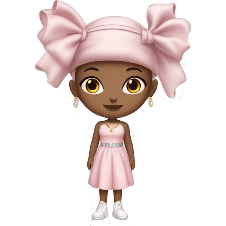 A beautiful fair-skinned girl wearing a cute pastel pink dress, a ribbon on her head, white Jordan shoes, Dior-branded gloves, a large gold necklace, and big silver earrings. emoji