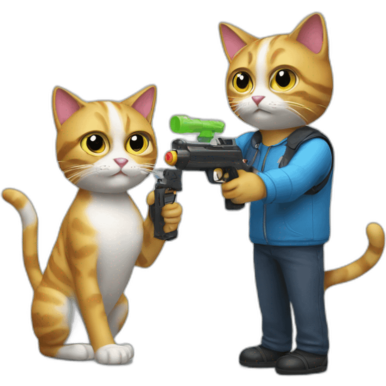 A cat with a water gun shooting to another cat emoji