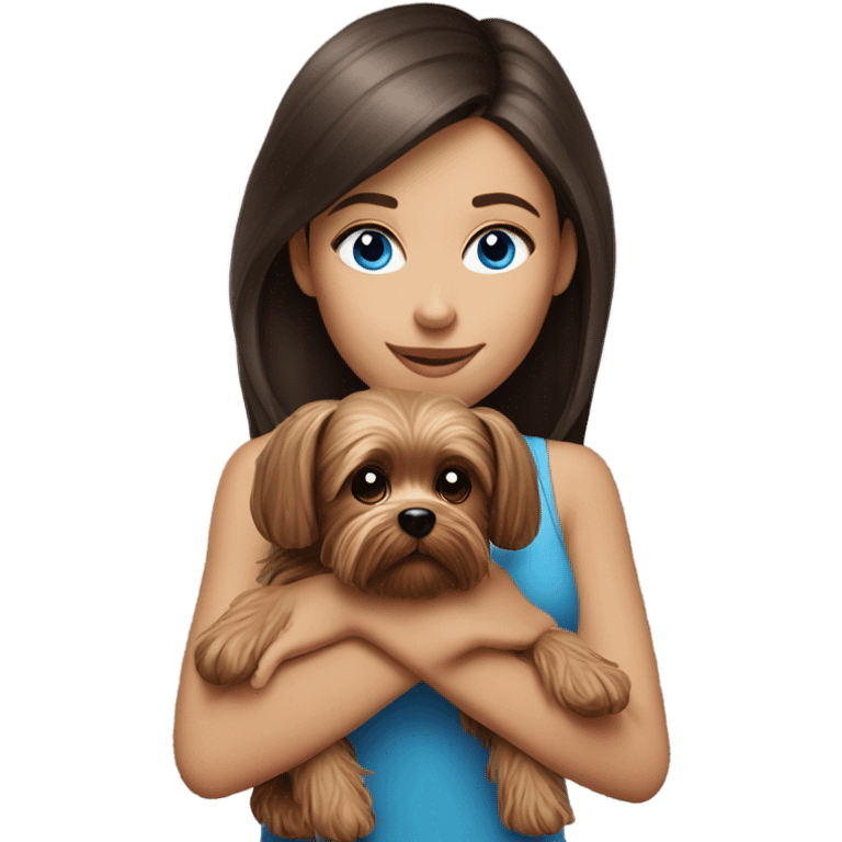 Realistic brunette girl with bright blue eyes holding Yorkshire terrier  emoji