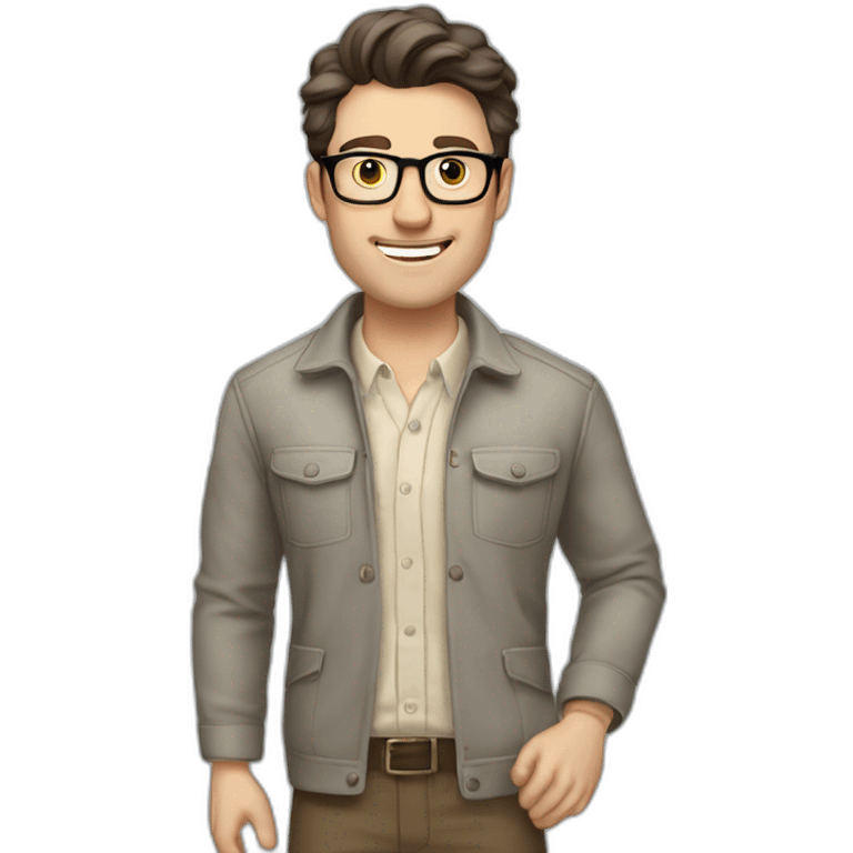 Joyful Full height Pale skinned Fit Man With dark brown hair in gray jacket, beige office shirt, Brown pants and vintage glasses. His thrumbs up emoji