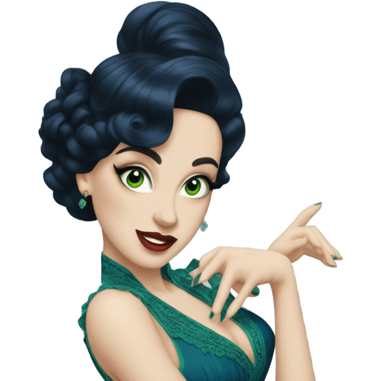 Burlesque dancer wearing blue with black hair, pale skin, and green eyes in a dark blue vintage costume dancing emoji