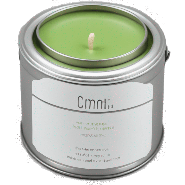 matcha scented candle in a silver tin with a small white label realistic emoji