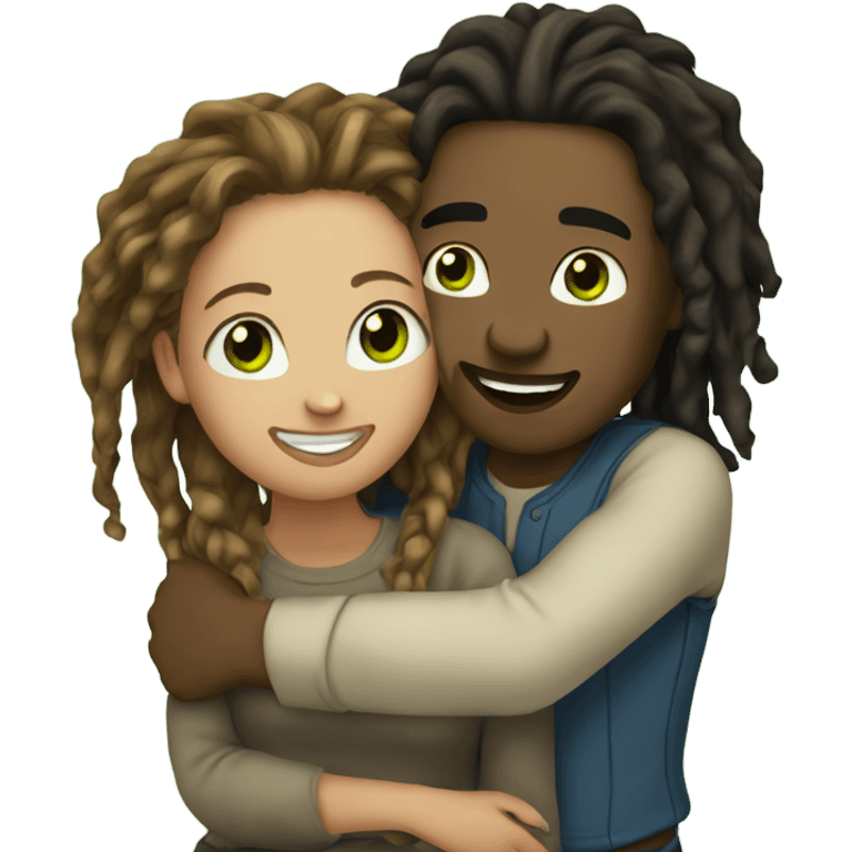 Man with dreadlocks hugging woman with a green eyes and light skin and brown hair emoji