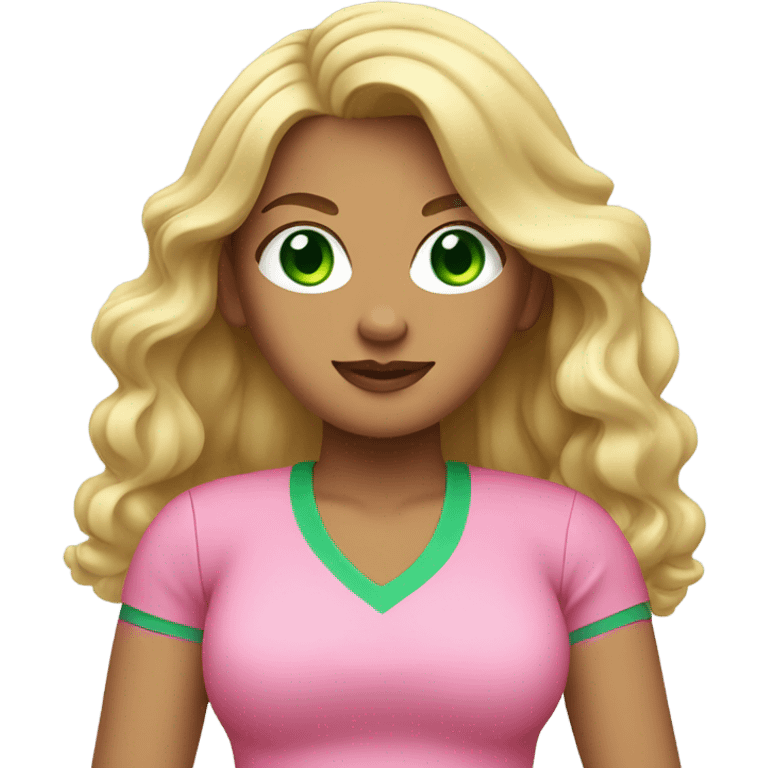 woman with green eyes long wavy blonde hair and big boobs pink shirt and tennis skirt emoji