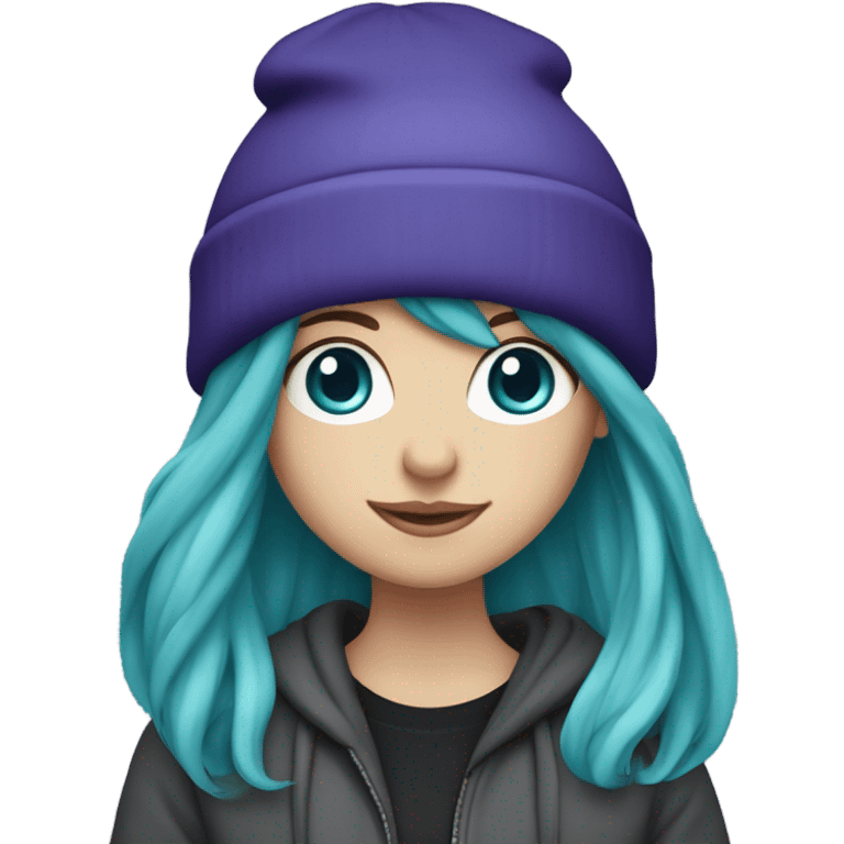 White girl, blue eyes, long teal hair, purple beanie hat, black hoodie, blue jeans, black shoes emoji