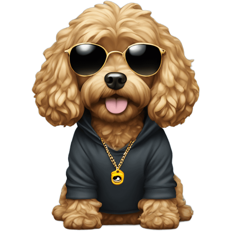 Cavapoo wearing a hoodie, gold chain and sunglasses emoji