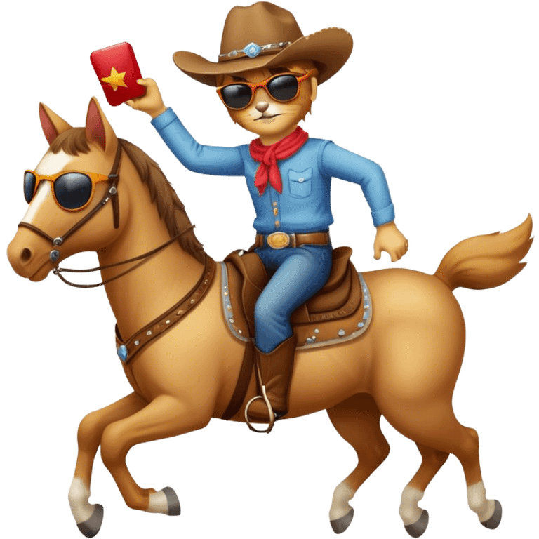 A cat with a cowboy hat and sunglasses riding a horse  emoji