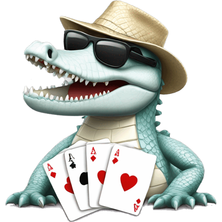 White crocodile wearing sunglasses playing Texas holdem poker emoji