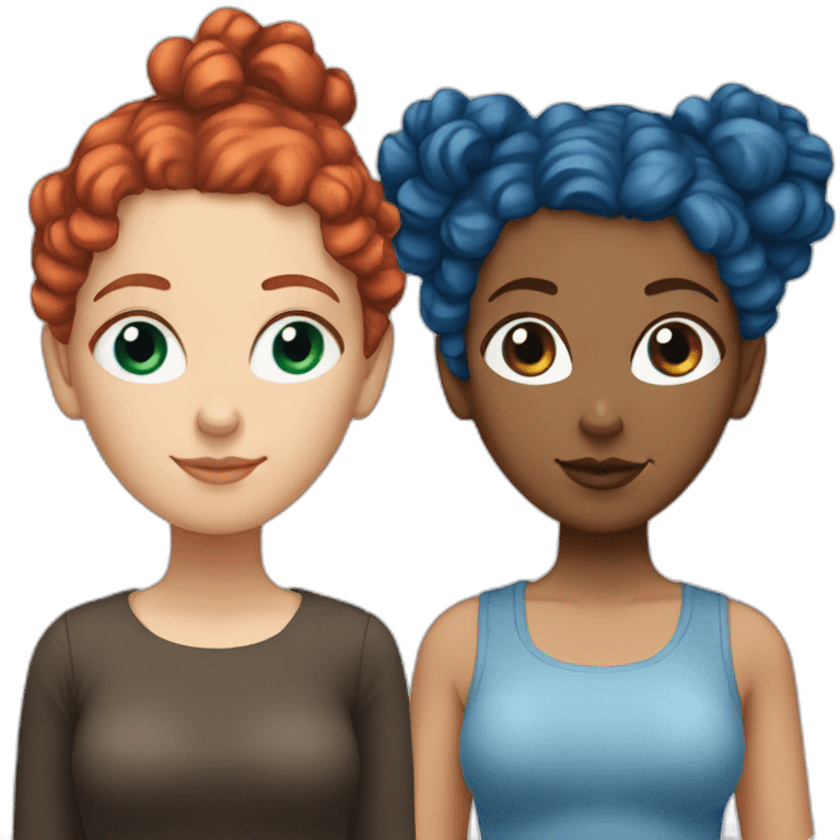 White girl with curly hair in two buns, one with red hair and the other with blue hair emoji