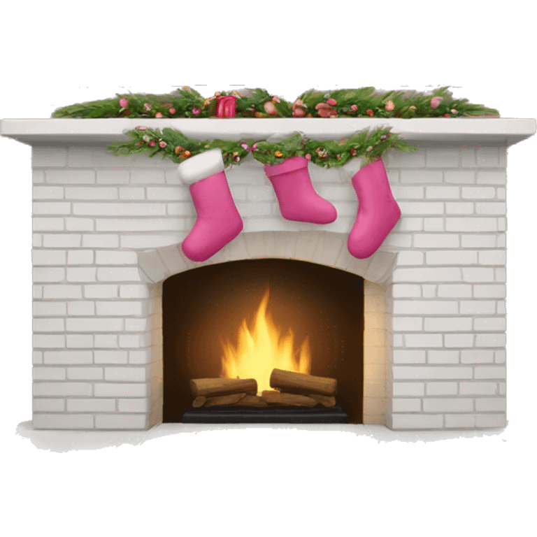 White brick fireplace with pink Christmas decor emoji