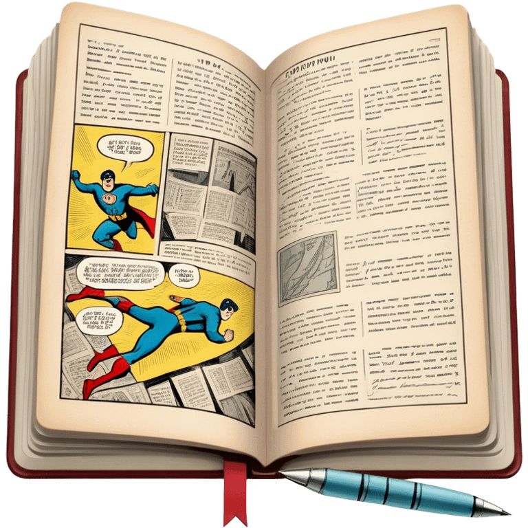 Create a detailed emoji representing the process of writing texts for comic books. The design should feature a large, open comic book with vintage comic strips visible on its pages. A pen should be shown writing text on one of the comic panels, but without a hand. The pencil should appear as though it is actively creating the dialogue or narration. Use a classic color palette with muted tones for the comic book and brighter accents on the pencil to draw attention to the writing process. Do not include any emojis or smiley faces. Make the background transparent. emoji