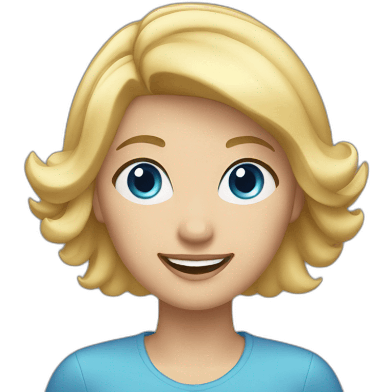 Blonde woman with medium short hair, blue eyes, waving hi to the camera emoji