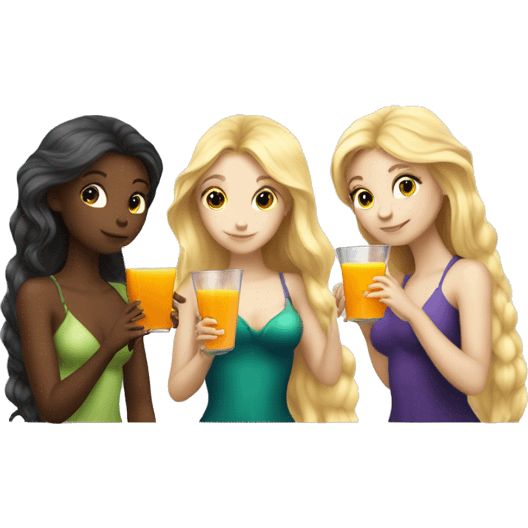 Three beautiful mermaids (one blond and two brown hair) drinking orangejuice emoji