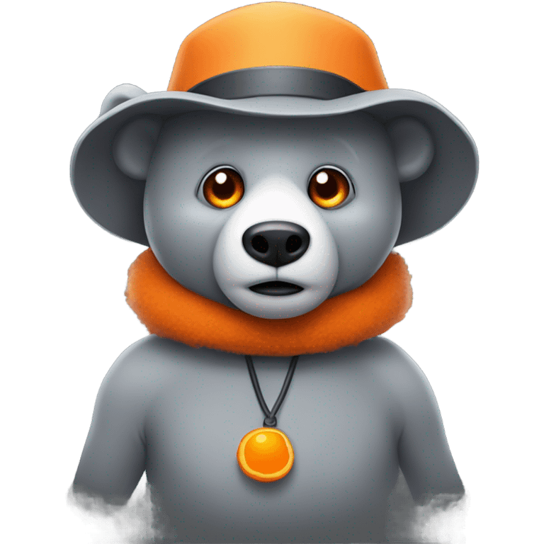 A animatronic grey bear with an orange hat and white eyes with one eye black emoji