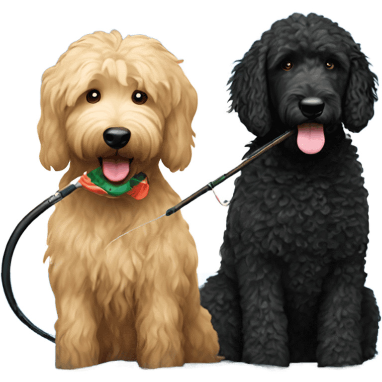 Golden doodle and  black labradoodle fishing emoji