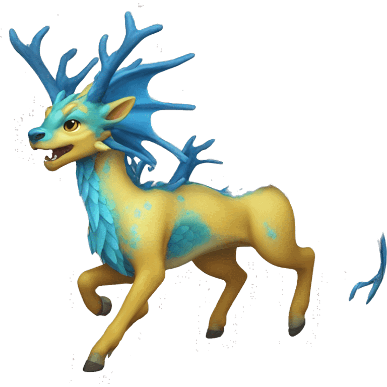 blue dragon deer hybrid with a yellow mane running emoji