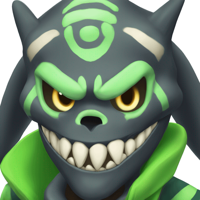 Digimon-Fakémon, horns, black body, green hair, anthro, furry, shark, skull face, skull mask, green stripes, tufted tail,  emoji