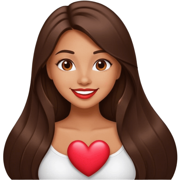 tanned beautiful girl smile with pump lips and brunette straight long hair showing heart emoji